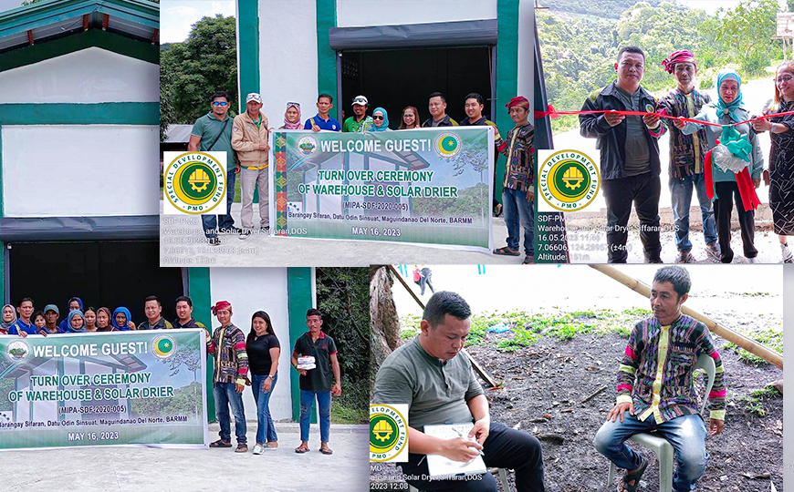 Representatives from the Special Development Fund-Project Management Office (SDF-PMO) and Commission on Audit (COA) BARMM joined the Ministry of Indigenous Peoples’ Affairs (MIPA) in the turn over ceremony of Warehouse with Multi-Purpose Solar Dryer to the IPs of Brgy. Sifaran, Datu Odin Sinsuat, Maguindanao del Norte on May 17, 2023.